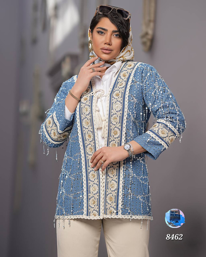 مانتو جین پولکی نواری ۱۶۴۰کد کالا ۸۴۵۸