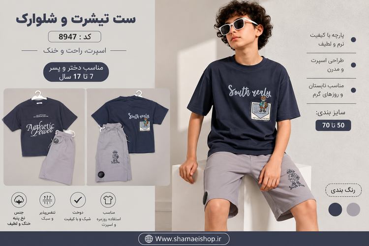 🖤 ست تیشرت شلوارک اسپرت بچگانه کد 8947 🖤 ✨ استایل اسپرت و ترند ✨ مناسب دختر و پسر ۷ تا ۱۷ سال ✨ پارچه نرم، سبک و راحت برای استفاده روزمره 🔹 سایزبندی: 50 تا 70 🔹 مناسب تابستان و استایل روزانه 🔹 دوخت باکیفیت و تنخور جذاب 🛍 سفارش از سایت: 🔗 www.shamaeishop