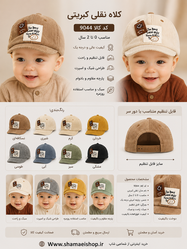 🧢 کلاه نقلی کبریتی | کد 9044 🧸 یه کلاه خاص و فوقالعاده دوستداشتنی برای کوچولوهای نازنین! 🤍 👶 مناسب نوزاد و کودک ۰ تا ۲ سال ✅ پارچه کبریتی نرم و درجه یک ✅ قابلیت تنظیم دور سر ✅ سبک، راحت و مناسب استفاده روزمره ✅ دوخت باکیفیت و طراحی جذاب 🎨 رنگبندی متن