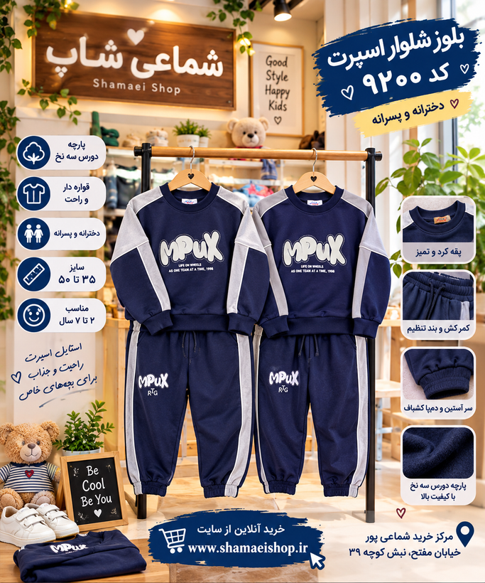💙 بلوز شلوار اسپرت کد ۹۲۰۰ 💙 یه ست اسپرت و خوشاستایل برای کوچولوهای خوشپوش 😍 مناسب دختر و پسر 👧🏻👦🏻 🧸 پارچه دورس سهنخ ✨ قوارهدار و راحت 📏 سایز ۳۵ تا ۵۰ 🎯 مناسب حدود ۲ تا ۷ سال 👌 مناسب استفاده روزمره و اسپرت 💰 قیمت: ۲,۶۲۵,۰۰۰ تومان 🛍️ سفارش و مشاهده